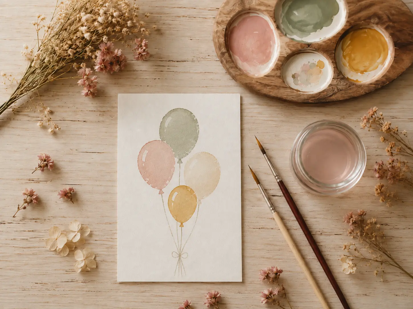 Handgemaltes Aquarell mit bunten Luftballons neben Pinseln und Wasserfarben